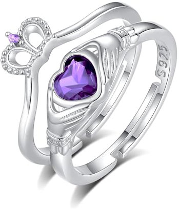 INFUSEU Claddagh Ring, 925 Sterling Silber Purple Zirkon Liebe Loyalität Freundschaft Graviert Ring Mit Herz Symbol Der Liebe, Schmuck für Frauen Und Mädchen