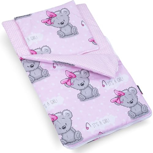 PinkZebra Puppenschlafsack beidseitig, 2-teiliges Set für kleines Puppenbett, Puppenbettzeug aus Baumwolle, für Puppen, Puppenbettzeug mit Kissen für Puppenbett, It's a Girl