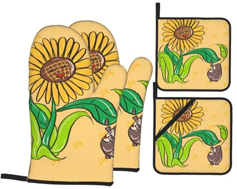 CHRYSM Guanti da forno con semi di girasole e girasoli e presine, guanti e supporti per barbecue (set da 4 pezzi), CM2-CFSJT11152
