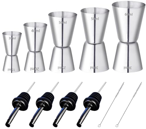 RUIJIE 5 Pcs Doseur Cocktail 20/30/40/50/60ml Double Doseur à Alcool en Acier Inoxydable Tasse à Mesurer avec 4 Verseur de Vin Bouteille & 2 Pinceaux Mesure Jigger pour Bar Maisons Fête Vin Gin Shaker
