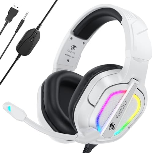 Fachixy FC200 Gaming-Headset für PS4/PS5/PC/Xbox One, Geräuschunterdrückung, Gaming-Kopfhörer, Headset mit Stereo-Mikrofon-Sound mit 3,5-mm-Klinkenstecker mit RGB-Licht - Weiss