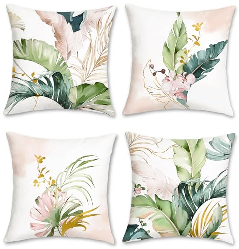 Bonhause 4er Set Kissenbezüge Blätter Grün und Rosa 40 x 40 cm Tropische Blätter Samt Soft Dekorative Kissenhülle Zierkissenbezüge für Garten Sofa Wohnzimmer Zuhause Dekoration