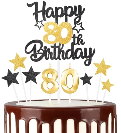 Schwarzgoldenes 80th Geburtstagskerzen Kuchenaufsatz Set, 3D Golden Zahl 80 Kerze für Kuchen, Mädchen Jungen 80th Geburtstag Dekorationen, Schwarzgoldenes Geburtstagsdekorationen für Mädchen Jungen