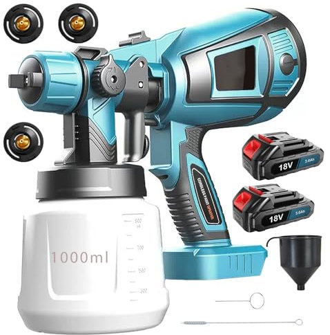 Paint Sprayer Cordless, Compatible with Makita 18V Battery, w/ 3 Nozzles & 3 Painting Modes,1000ml Detachable Container,2 x 3.0AH Battery & charger,Suitable for Walls,Ceilings and Decking
