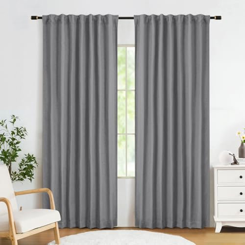 Abstractex Grey Full Blackout Curtains 90 Inch Long for Bedroom, Linen Textured Back Tab Thermal Insulated Drapes Rustic Farmhouse Rod Pocket Window Treatments for Living Dining Room 52 W 2 Panels