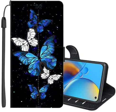 SEHEYA Klapphülle für Samsung Galaxy M30s / M21 Lederhülle Handyhülle mit Motiv Muster Flip Brieftasche 3 Kartenhüllen Handy Hülle Schutzhülle Wallet Case, Weiß Blau Schmetterlinge