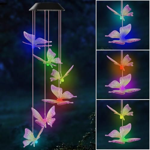 Hianjoo Carillon Éoliens Solaires, Lumière LED Carillon de Vent Papillon, Étanche Carillon à Vent pour la Décoration Intérieure Extérieure-Violet