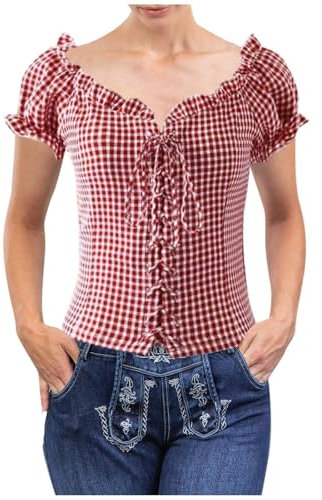 Chemisier Oktoberfest pour femme avec bordure en dentelle à carreaux, col en U, manches courtes, parfait pour les fêtes de la bière comme vêtements décontractés, 2-Rouge., M