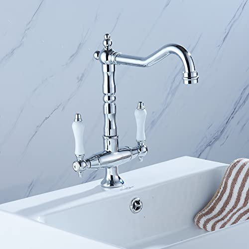 Wasserhahn Küche Chrom Zweigriffmischer Küchenarmatur Retro Waschtisch Armatur Spültischarmatur 360° Schwenkbar Zweigriff Mischbatteri Mischbatterie