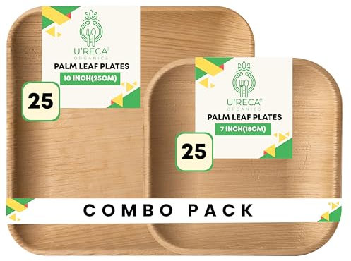 U'reca Organics Eco-Friendly Areca Palm Leaf Plate Set | 10 Square Plates (25) + 7 Square Plates (25) | Ideal for Lunch, Dinner, BBQs & Buffets | Sturdy, Heavy-Duty, Leakproof, Biodegradable