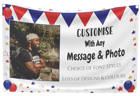 Großer personalisierter Banner-Hintergrund, Foto für jeden Anlass, Name, Alter, Happy Birthday, Welcome Home, Viel Glückwunsch, Outdoor, Rot, Weiß und Blau, mit Foto)