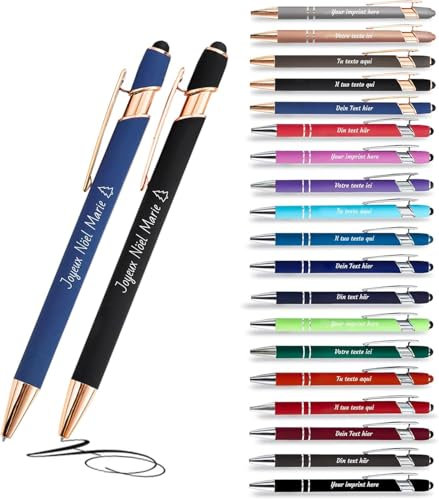 Jolis Papiers - x2 - Stift personalisiert 2 in 1 - Personalisierter Kugelschreiber mit Gravur I Rosegold-Metall I in Geschenketui I Softtouch Feeling I schwarz schreiben I integrierter Stylus
