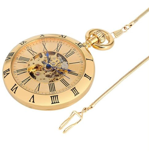 DSDGVDFBV Gold, Taschenuhr Mit Kette Luxus, Kupfer Silber Automatische Mechanische Uhr Taschenanhänger Kettenuhr Herren