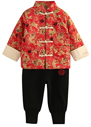 OBiQuzz Costume pour enfant et bébé fille - Calendrier chinois - Rouge - Manches longues - Chemise matelassée - Hiver - Chaud - Pantalon doublé - Tenue pour bébé - Combinaison garçon, rouge, 5-6 ans