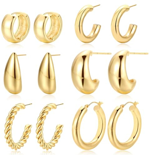 6 Paar Gold Kreolen Ohrringe, Huggie Creolen für Damen, Golden Creolen Ohrringe Set für Damen, Waterdrop Hollow Open Hoops für Frauen Mädchen (Gold A)