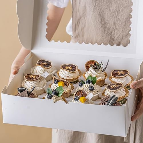 PIQIUQIU 10 Stück Cupcake-Boxen,12 Fächer mit Sichtfenster – Weiße stapelbare Muffinbox für Transport & Dekoration -32,5x25x9 cm