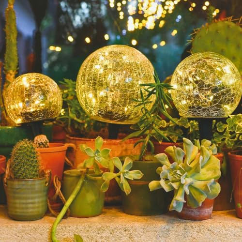 Lot de 3 Boules Lumineuses Micro LED solaires en Verre craquelé