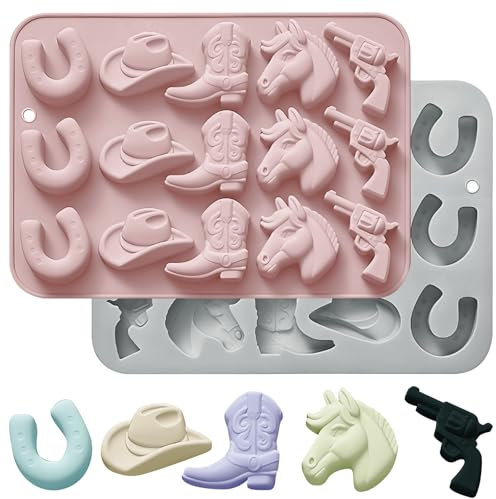 2Pcs Cowboy Chocolate Molds Baking Moulds Silicone Hat Boot Horse Saddle Shape, Candy Molds Western Themed Party for Ice Cube Cupcake Decorations Clay