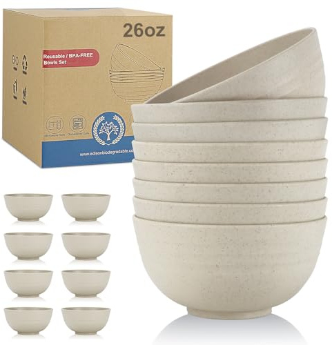 Wrova Plastic Dinner Bowls - Reusable Plastic Bowl Set of 8-26 OZ Unbreakable Cereal Bowl Microwave Safe Bowls for Kitchen - Beige