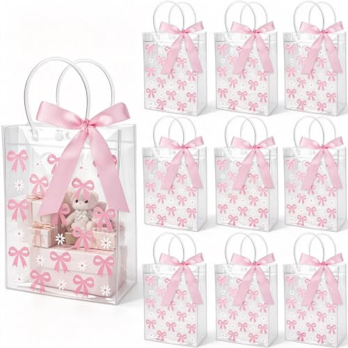 Dmnnlp 10 Stück Rosa Schleife klar Geschenktüten 18x8x25cm, Wiederverwendbare PVC Geburtstagstüten für Frauen, Mädchen, Brautjungfern, Geburtstage, Valentinstag und Hochzeitsfeiern