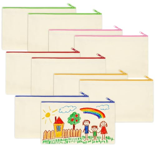 Anstore DIY Blanko Stoffbeutel zum Bemalen Reißverschluss 21x12cm, Stoff Bemalen 10 Stück DIY Federmäppchen Set Mäppchen zum Bemalen für Kinder Basteln Kindergeburtstag, Segeltuch Kosmetiktasche Stoff