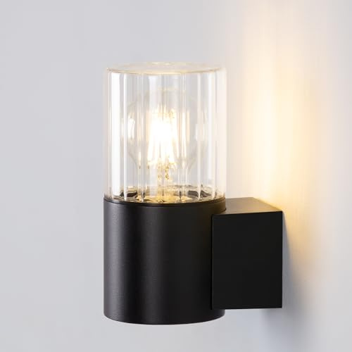 DAWALIGHT Außenlampe Wand E27 Glas Wandleuchte Aussen Wasserdichte LED Außenleuchte IP44 für Garten Draußen Balkon Terrasse Hof Haustüren Innen Wohnzimmer, Aluminium, Schwarz