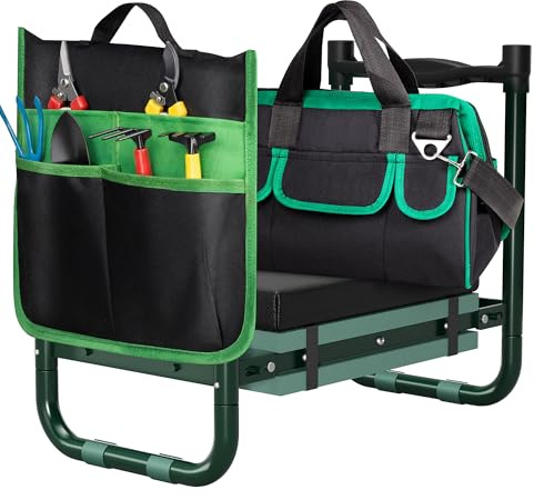 Walensee Foldable Garden Kneeler and Seat with Cross-Body Tool Bag & Removable Tool Pouch, Heavy Duty Garden Stool with Soft Leather Kneeling Pad, No Assembly, Ideal Gardening Gift for Women & Men