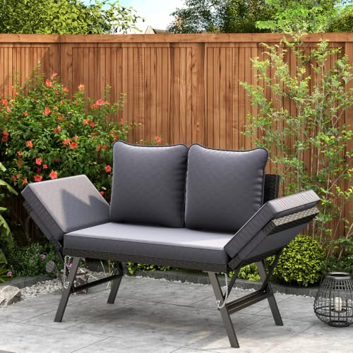 Amopatio Gartenbank Polyrattan mit Liegefunktion – 2-Sitzer Gartensofa mit verstellbaren Armlehnen, wetterfestes Outdoor Sofa für Garten, Balkon & Terrasse, Schwarz