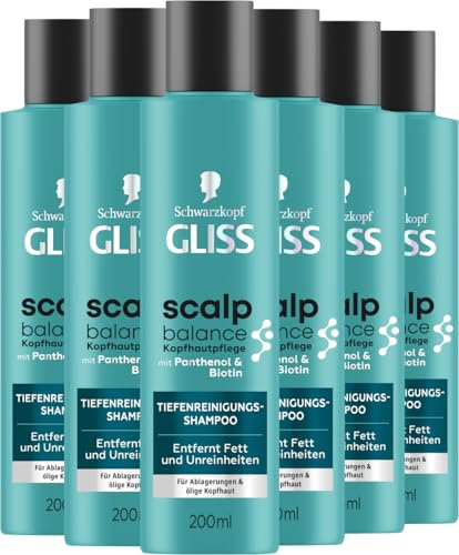 GLISS Scalp Balance Tiefenreinigungsshampoo (6x 200 ml), Shampoo mit Panthenol und Biotin zur Reinigung und Kopfhautpflege, Shampoo für fettige Haare entfernt überschüssiges Fett und Produktrückstände