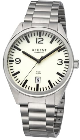 REGENT F-1606 Herrenuhr Titan silberfarben 40 mm mit Mineralglas, Quarzwerk, Datum, 10 ATM, Titanband mit Drückerfaltschliesse