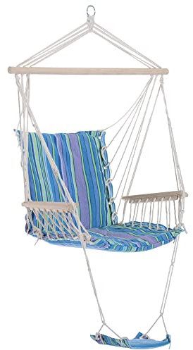 Outsunny Hanging Rope Chair with Soft Padded Seat & Backrest, Portable Garden Hammoc Chair with Wooden Support Bar, Armrests, Cotton Cloth, Footrest, for Patio & Tree, Blue