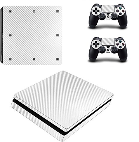 Morbuy PS4 Slim Skin Vinyl Autocollant Decal Sticker pour PlayStation 4 Slim Console + 2 Dualshock Manette Set (White Carbon Fiber)