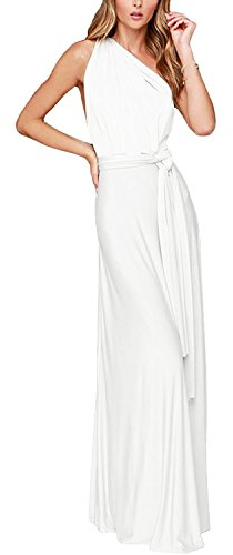 Womens Convertible Multi Way Wrap Transformer Infinity Solid Cocktail Off Shoulder Bridesmaid Evening Long Maxi Dress White L