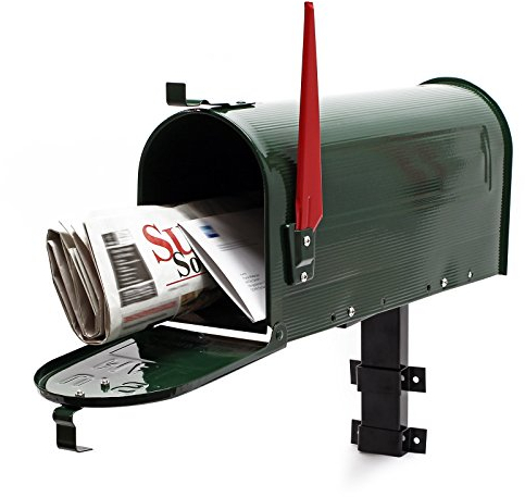 Wiltec Kit Boîte aux lettres américaine et support mural, 180 x 220 x 480 mm, Verte, Acier galvanisé, Boîte postale US Mailbox avec fanion rouge