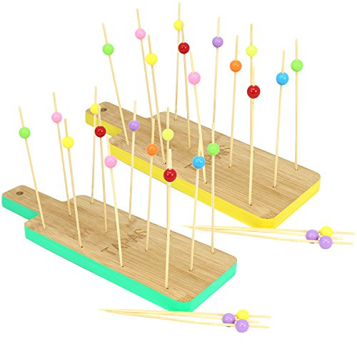 com-four® 32-teiliges Tapas Set aus Holz, Servierbretter und Holzspieße für Snacks, Fingerfood, Anti-pasti, Tapas, Käse, Obst und mehr (32-teilig - Eckig gelb/türkis)