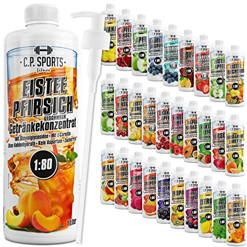 C.P. Sports Getränkesirup für Mineraldrink Sirup zuckerfrei für Vital-Drink EISTEE-PFIRSICH mit Vitaminen Getränkekonzentrat zum Mischen mit Wasser für Getränk 1 Liter + Pumpspender
