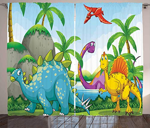 ABAKUHAUS Natur Rustikaler Gardine, Dinosaurier im Dschungel, Schlafzimmer Kräuselband Vorhang mit Schlaufen und Haken, 280 x 245 cm, Lila Aqua