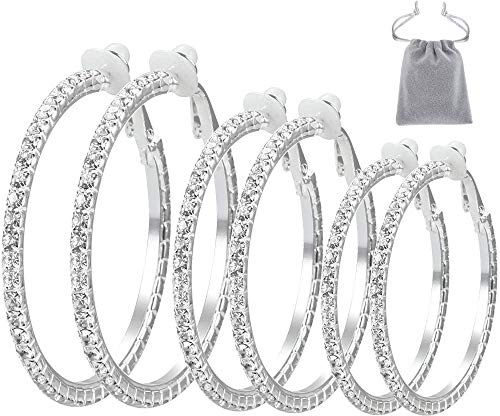 Elicola 3 Pairs Clip On Hoop Earrings With Cubic Zirconia Non Piercing Earrings Set for Women Girls, Silver 35-55mm