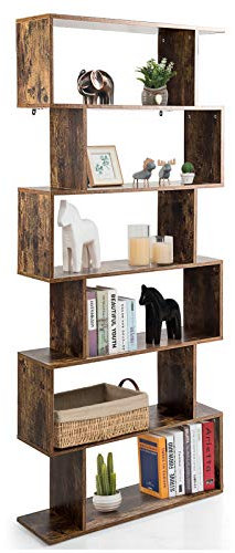 CASART 5/6 Tier Wooden Bookcase, Free Standing Shelving Stand Rack, S-Shaped Bookshelf Storage Display Unit (Brown, 80 x 23 x 192cm)