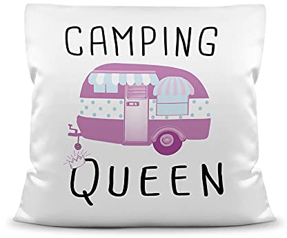PR Print Royal Kissen mit Füllung - Camping Queen - Geschenk für Camper, Campingkissen, Geburtstagsgeschenk - Kissen Polyester Weiß, 40x40 cm