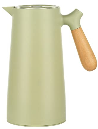 Webao Thermoskanne 1l Kaffeekanne mit Holzgriff, Glaseinsatz, Quick Tip Verschluss, Isolierkanne für Kaffee Tee und Wasser, Hellgrün