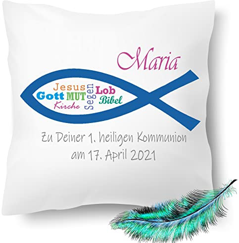 Kommunion Geschenk, bedrucktes Kissen personalisiert mit Namen und Datum | Kirchliches Fisch Symbole |Geschenk Idee,Dekokissen | Kuschelkissen 40X40 bedruckt (ohne Kissenfüllung, Einfarbig)