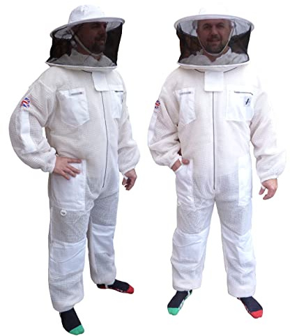 AGS Tuta da apicoltura ventilata a 3 strati con cappello rotondo a velo - Tuta integrale da apicoltura, rete traspirante, cerniere YKK, tuta da apicoltore unisex - Bianco, bianco, L