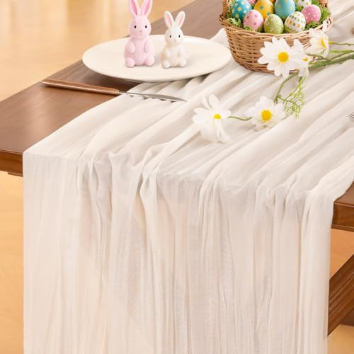 Socomi Ivory White Cheesecloth Table Runner Summer Boho Rustic Gauze 120 inch 10FT Cheese Cloth Sheer Runner for Wedding Party Baby Shower Birthday Home Decor Holiday Decorations
