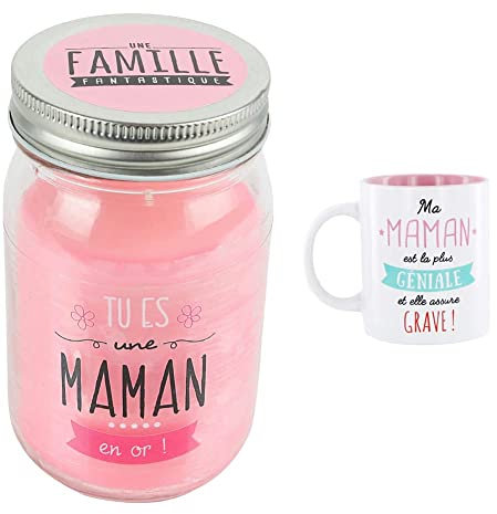 DITES LE AVEC DES MOTS MO0156 Bougie Mason Jar Cire/Verre Rose 7,80 x 7,80 x 13,20 cm & MO0555 Mug Maman M12 Céramique Rose 12 x 8,20 x 9,70 cm