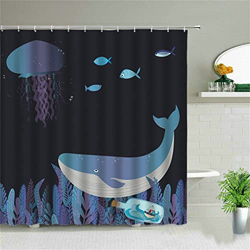 Ballena AnimadaCortina de Ducha de Tela Fina, Cortina Baño Tela Impermeable Antimoho, Lavable Cortinas Baño Originales, para Ducha o Bañera en el Hogar Decoración de la Habitación，300x180cm