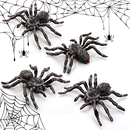 Cobee Realistische Spinnenfiguren, 4 Stück Halloween Spinnen Dekorationen, Riesenspinnen Action Modell, lebensechte, gruselige Spinnen für Halloween Streichrequisiten, Partyzubehör, gruseliges Thema