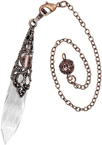 Nupuyai Péndulo de piedra de cristal de roca para adivinación, péndulo de piedra curativa vintage facetada con cadena