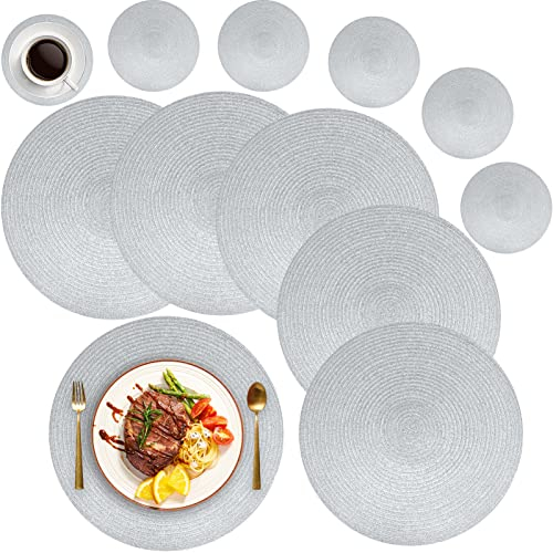 MI CASA Runde Tischsets Abwaschbar 6er Set Platzsets mit Untersetzer, 34cm Gewebte Hitzebeständige Platzdeckchen, Platzteller rutschfest für Küche Geburtstags Party Weihnachten Abendessen - Silber