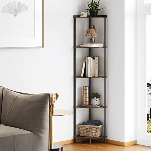 SUNMORY 5 Tier Corner Shelf Stand,Industrial 65 Corner Shelves Display Shelf for Living Room Decor,Wall Corner Bookshelf Multi Unit Organizer,Tall Shelf Plant Stand for Bedroom,Bathroom,Small Space